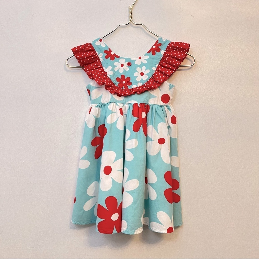 Little Miss Marmalade Floral Ruffle Teal Red and White sleeveless dress